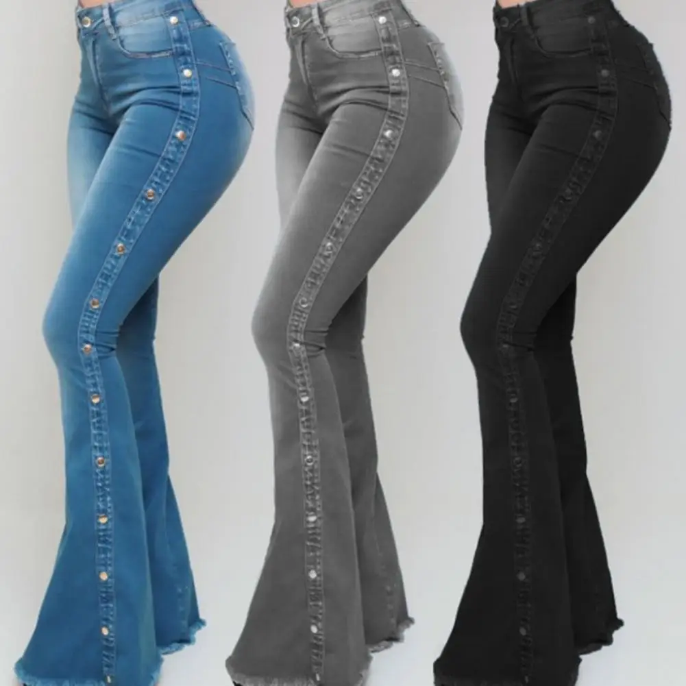 

Stylish Skinny Flare Jeans Washed Flared Pants Hip Lifting Women Slim Fit Rivet Decor Flare Jeans Elastic