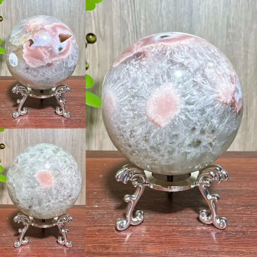 1PC Natural Green Quartz Flower Agate Spheres Raw Geode Stone Healing Crystal Reiki Energy Home Decoration Gifts+Stand