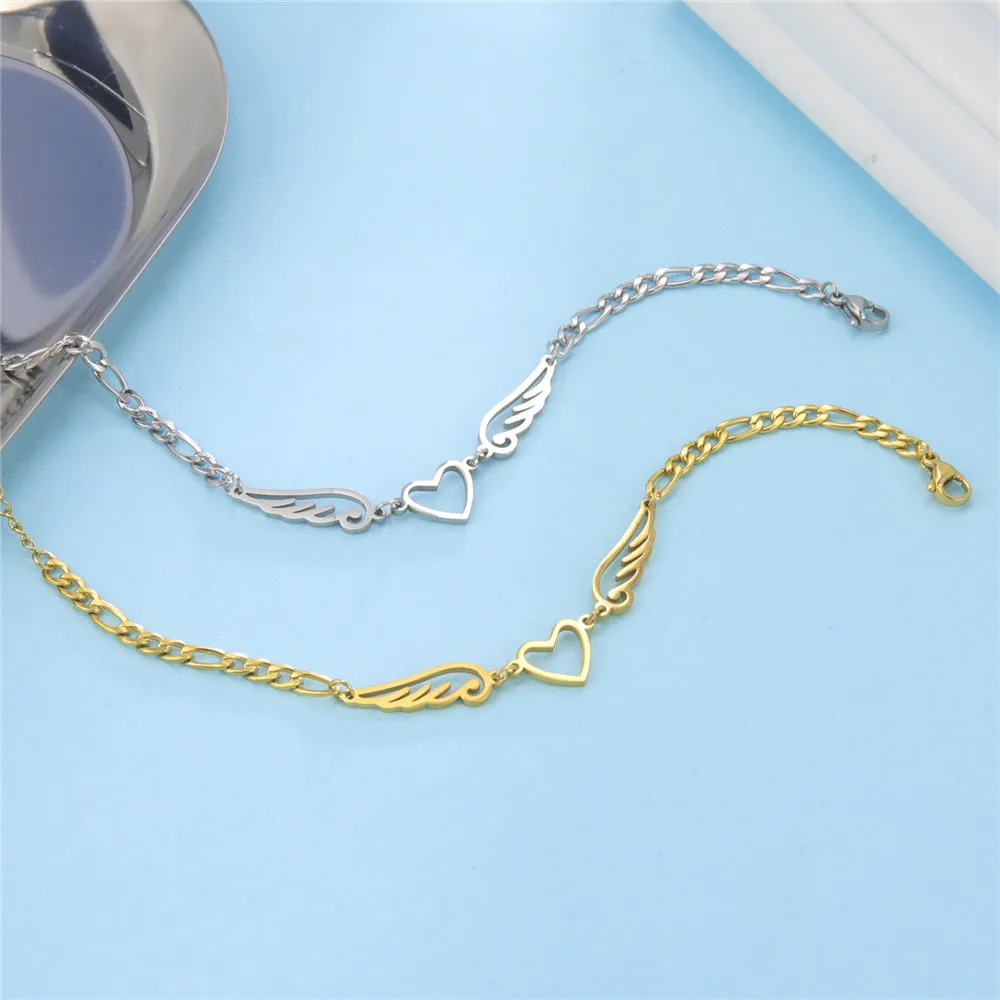 Skyrim Edelstahl-Fußkettchen für Damen mit Herz-Engelsflügel-Anhänger, Figaro-Kette, Fußkettchen, Strand-Accessoire, Geschenk – Detail 7