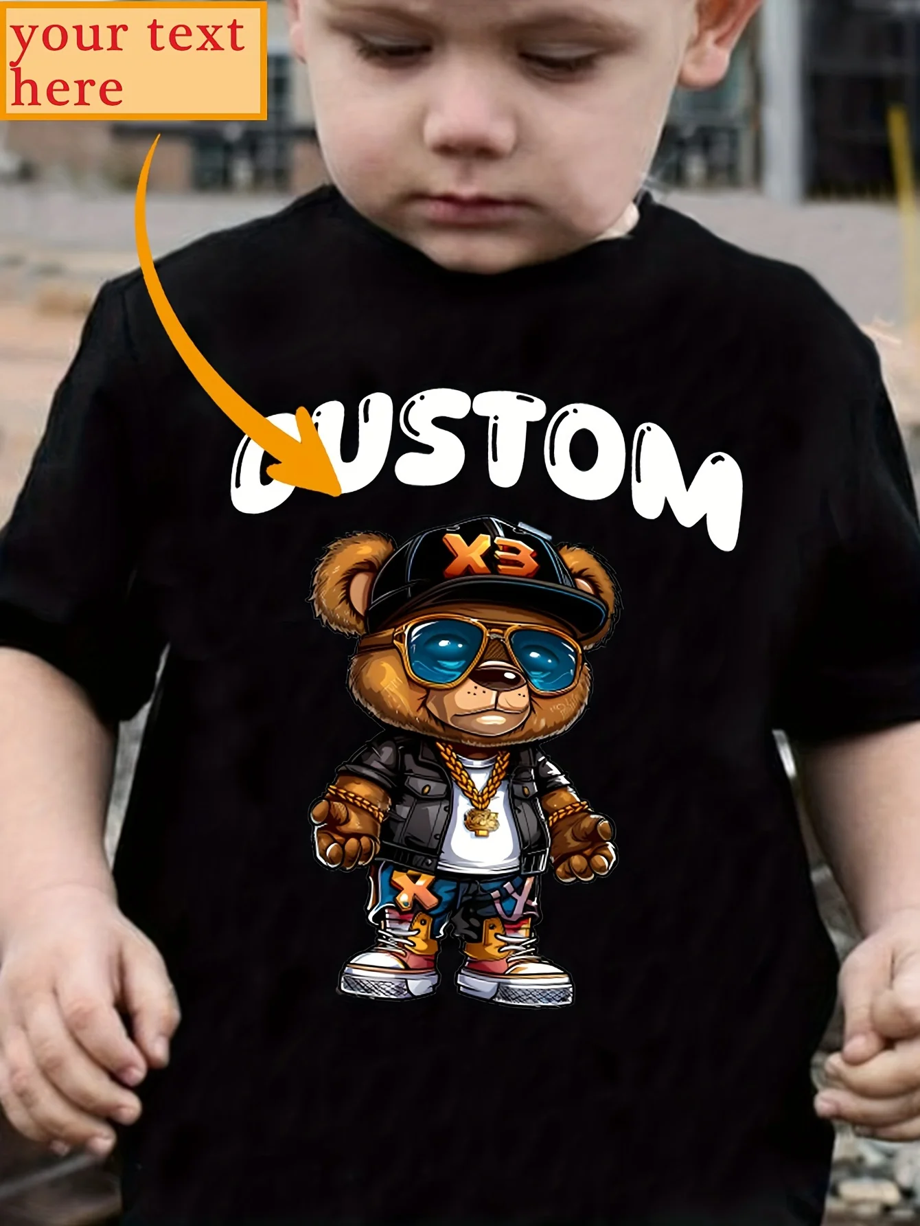 Kids Boys Custom Tee TX20044, Fashion Cool Bear Graphic Print, Crew Neck Short‑Sleeve Custom Children T‑Shirt