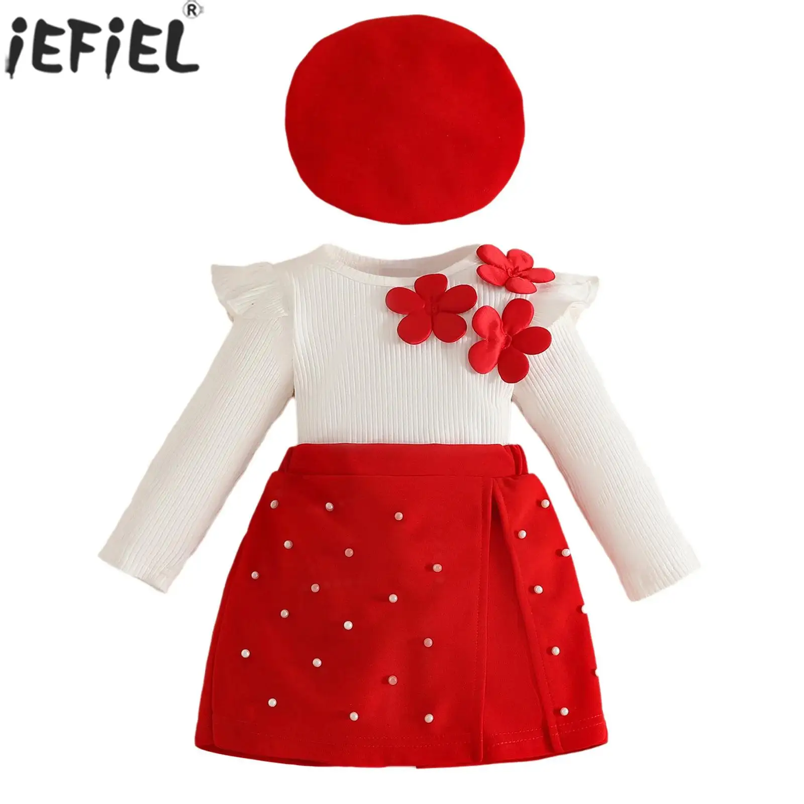 

Toddler Baby Girls Long Sleeve Ribbed Top with Elastic Waistband Skirt Beret Sweet Cute Christmas Birthday Party Wedding Outfit