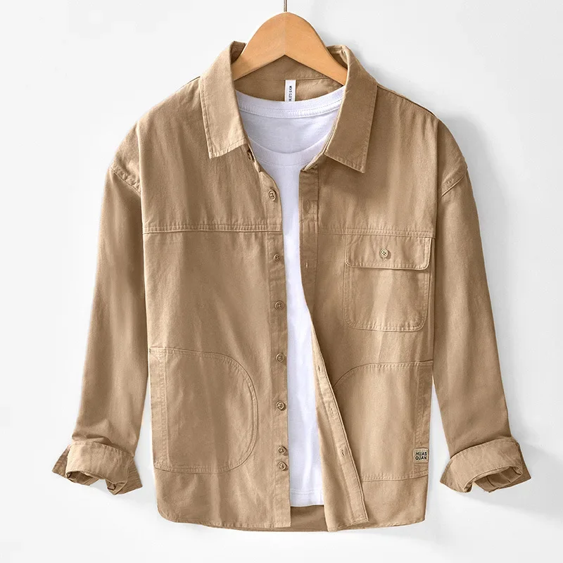 

Новая мужская рубашка с длинным рукавом в японском стиле, весенняя повседневная рубашка-карго цвета хаки, рубашка-карго с квадратным воротником и карманом, 100% хлопок, мужские рубашки, свободный топ