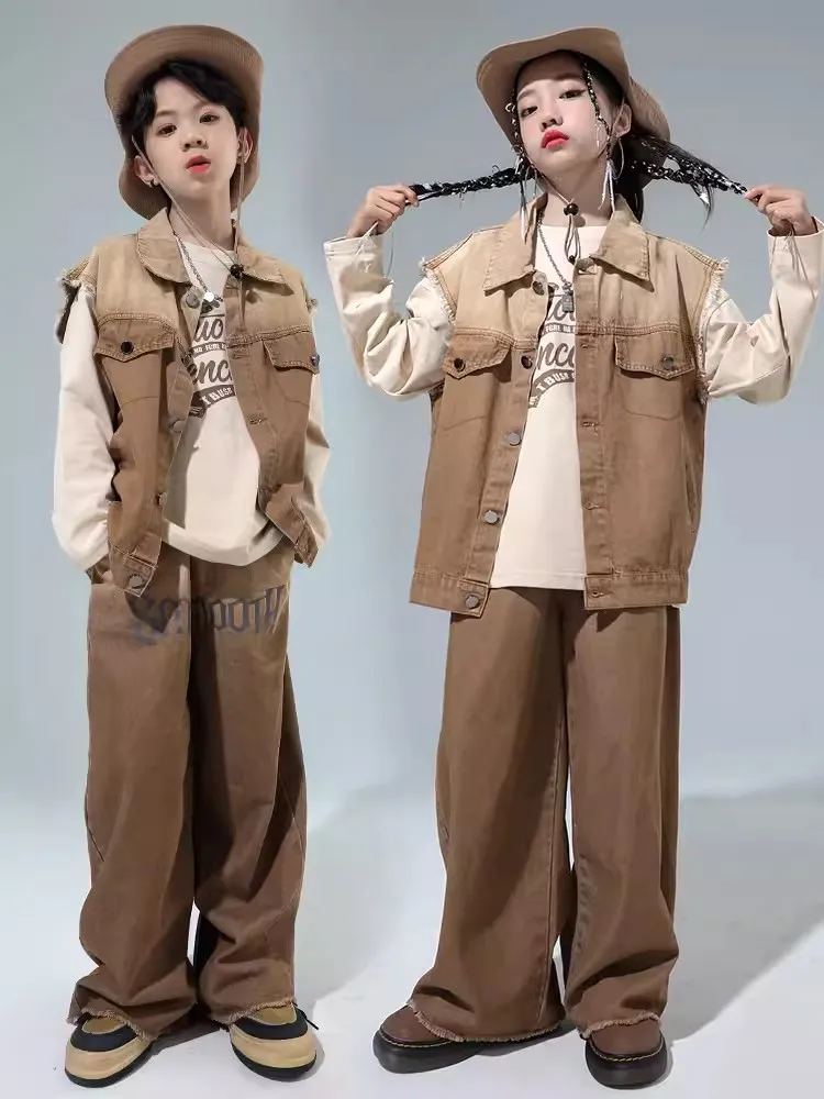 2023 Children Jazz Costume Hip Hop Dance Clothes Retro Brown Vest Pants Long Sleeves Tops Girls Performance Suit Boys BL11834