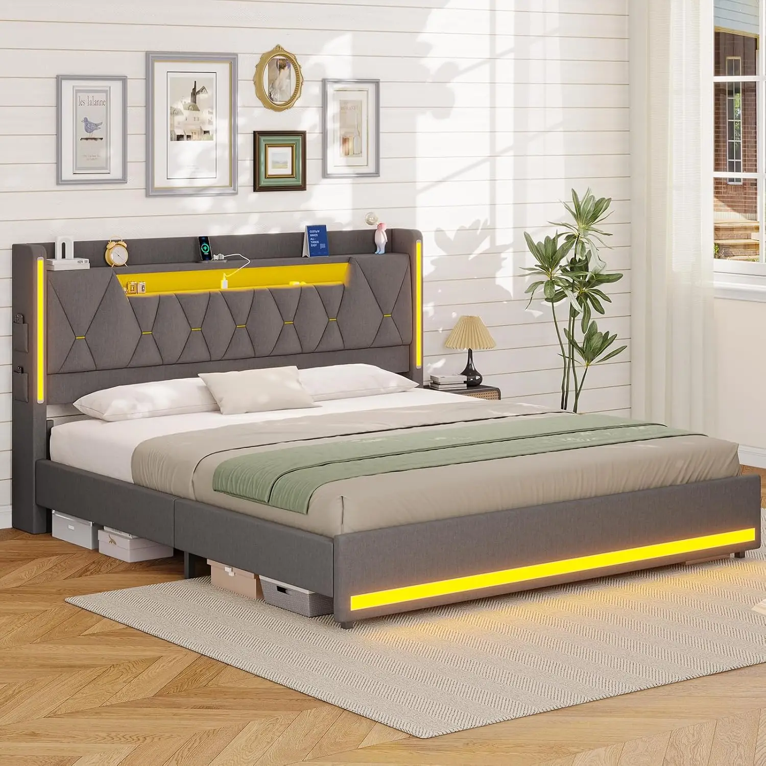 Marco de cama con plataforma tamaño King con cabecero de almacenamiento y luces LED, marco de cama tamaño King, cabecero tapizado