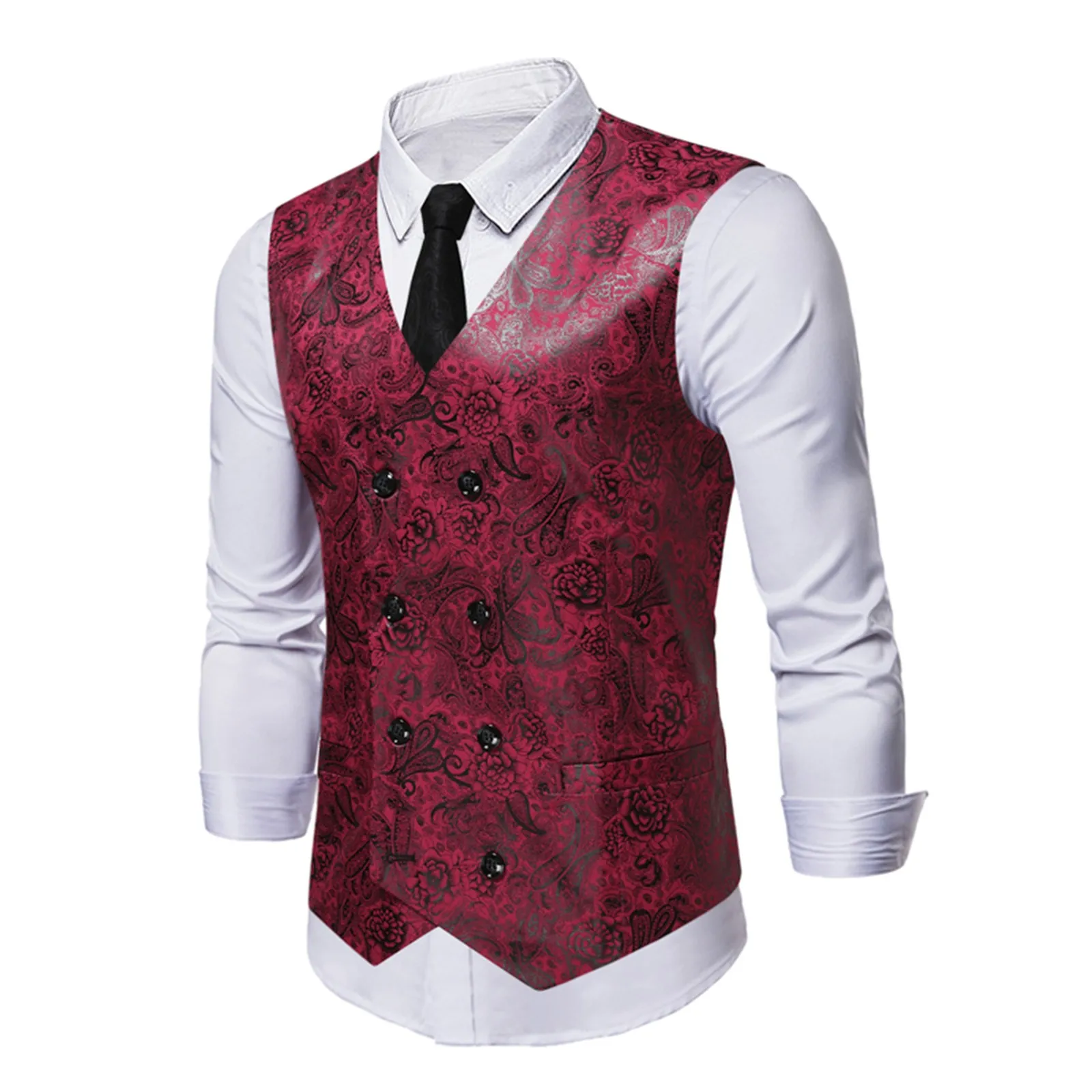 

Men'S Red Paisley Double Breasted Dress Vest 2023 Brand New Slim Fit Formal Business Sleeveless Waistcoat Men Chaleco Hombre Par