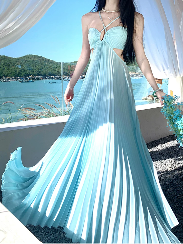 レディースボヘミアンロングプリーツドレス女性の夏のエレガントなセクシーなオフショルダーバックレススリムホリデーパーティードレス Vestidos