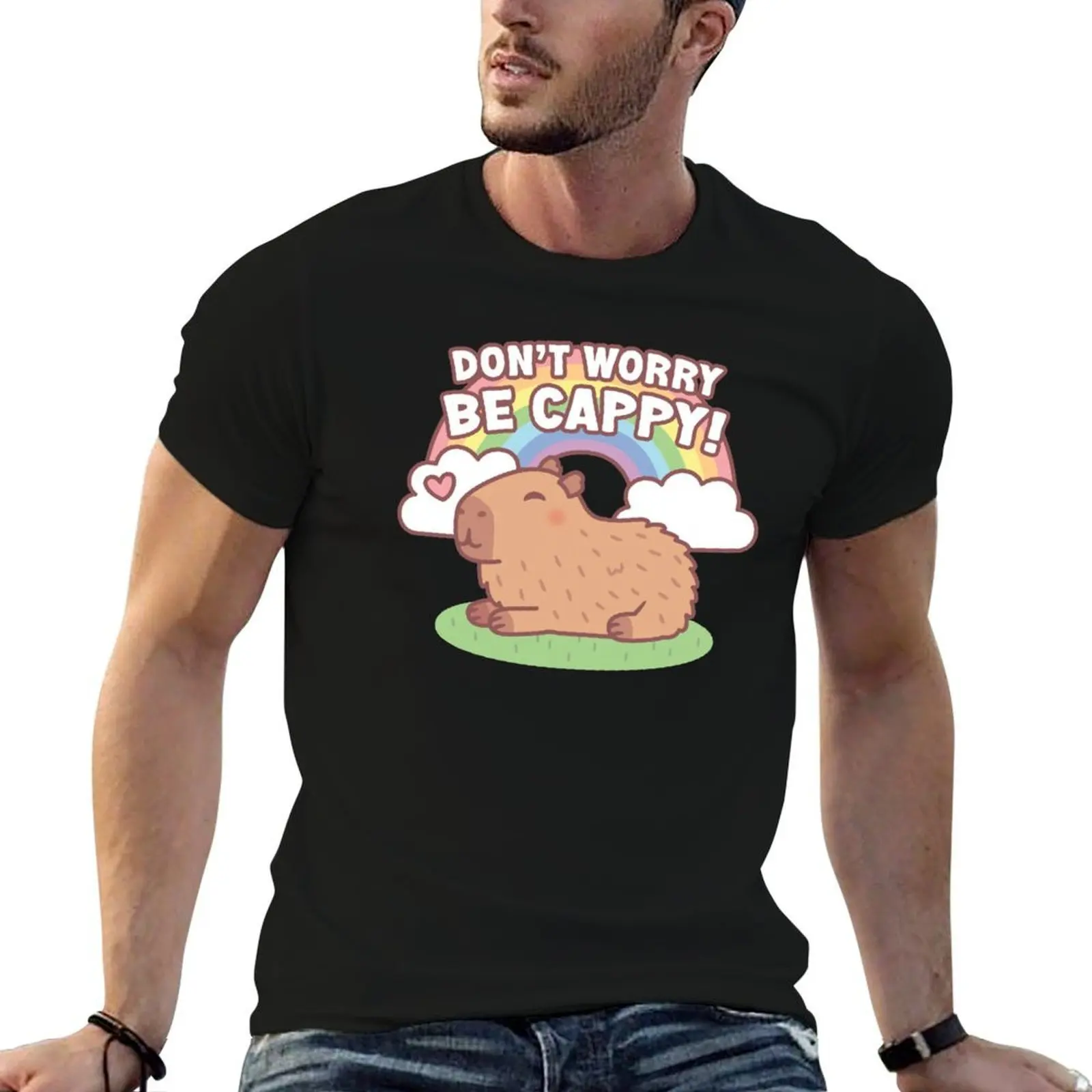 Cute Capybara And Rainbow, Don't Worry Be Cappy T-Shirt oversized t shirt basketball graphic tees black t-shirts for men