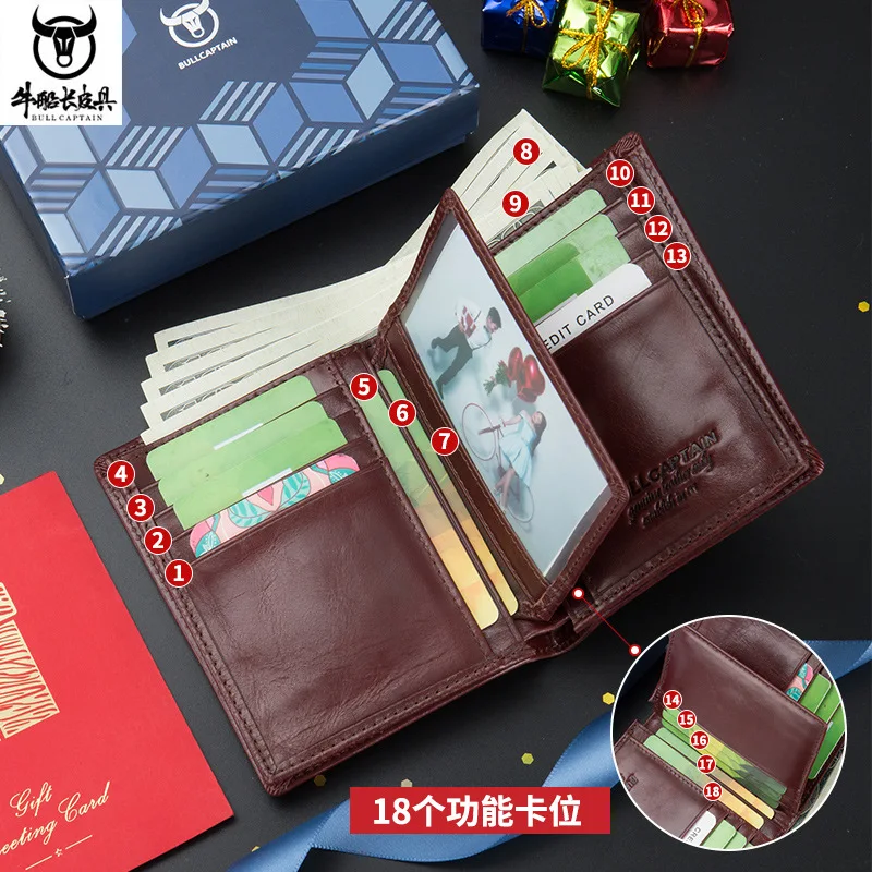 Male short vertical anti theft brush money bag real leather multi card photo album plus thick money clip with gift box