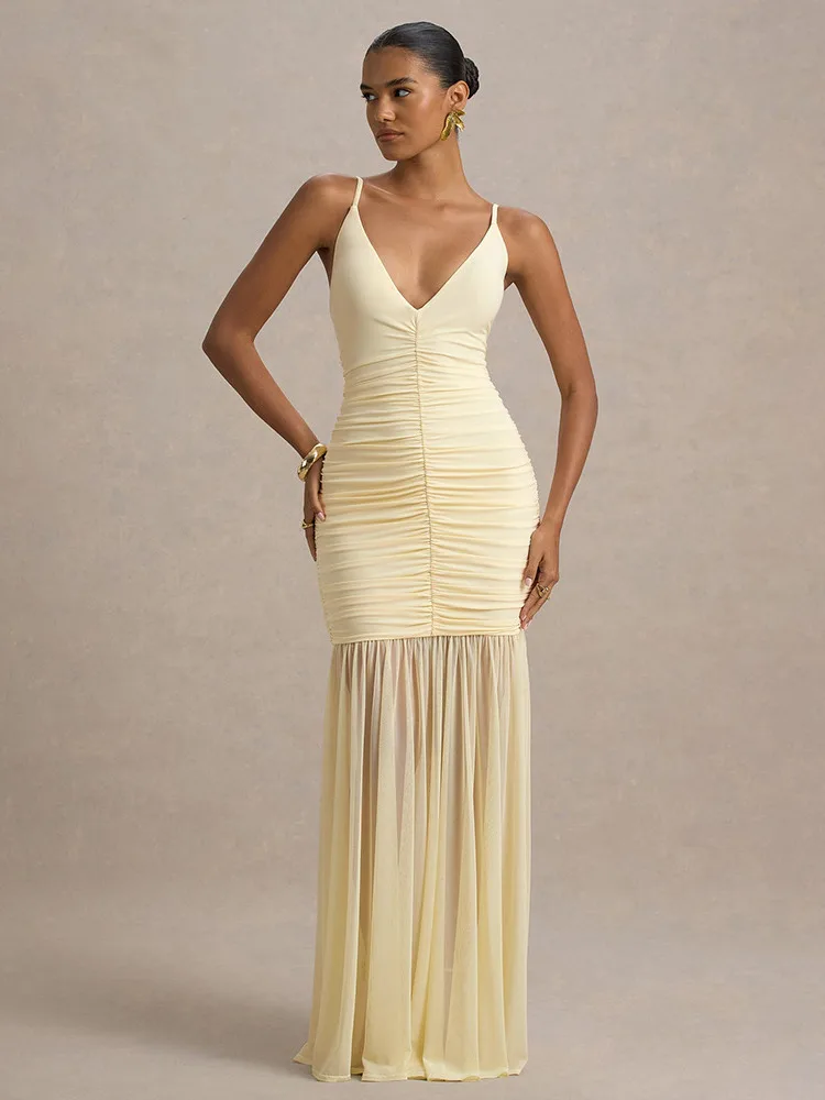 Absobe Sheer Mesh Pleated Spaghetti Strap Maxi Dress Women's Sexy Deep V Neck Backless Slim Bodycon Long Dress Elegant Partywear
