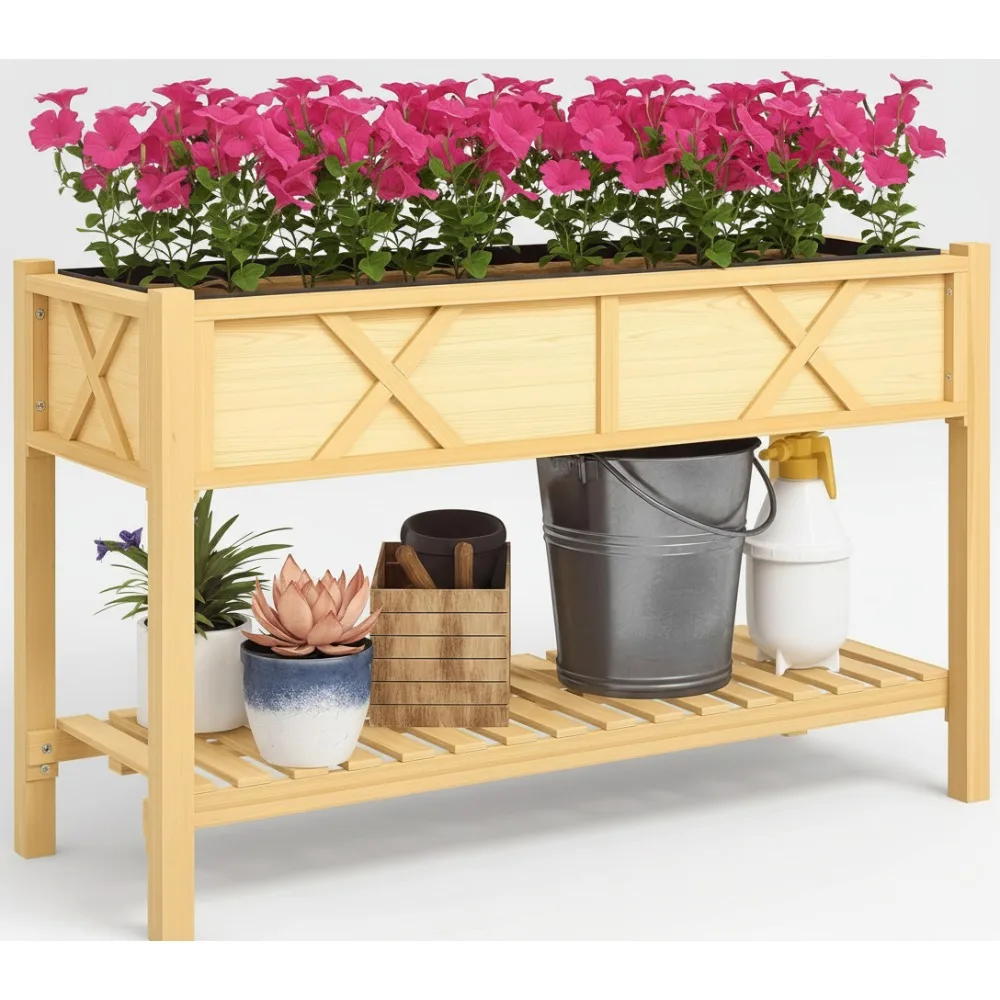 

Elevated Wood Planter Box with Storage Shelf, Drainage Holes for Backyard, Patio, Balcony Gardening - 47x22x31.5 in Natural