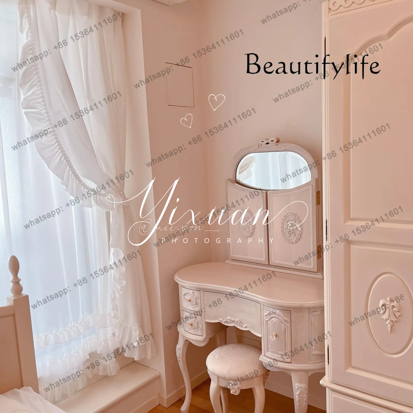 wood pink bedroom pink princess style dressing table American engraved flower with mirror dressing table