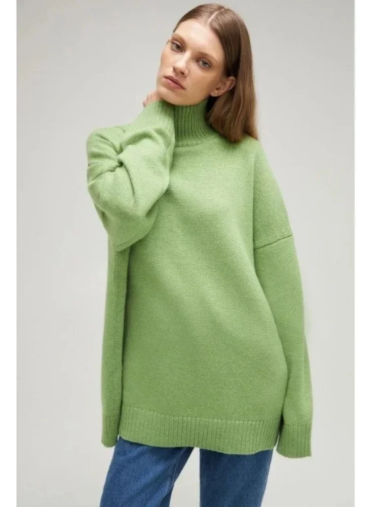 Winter Women\'s Turtleneck Oversize Sweater Pullover Female Vintage Jumper Solid Soft 2023 Blue Green Brown Warm Knitted Sweater