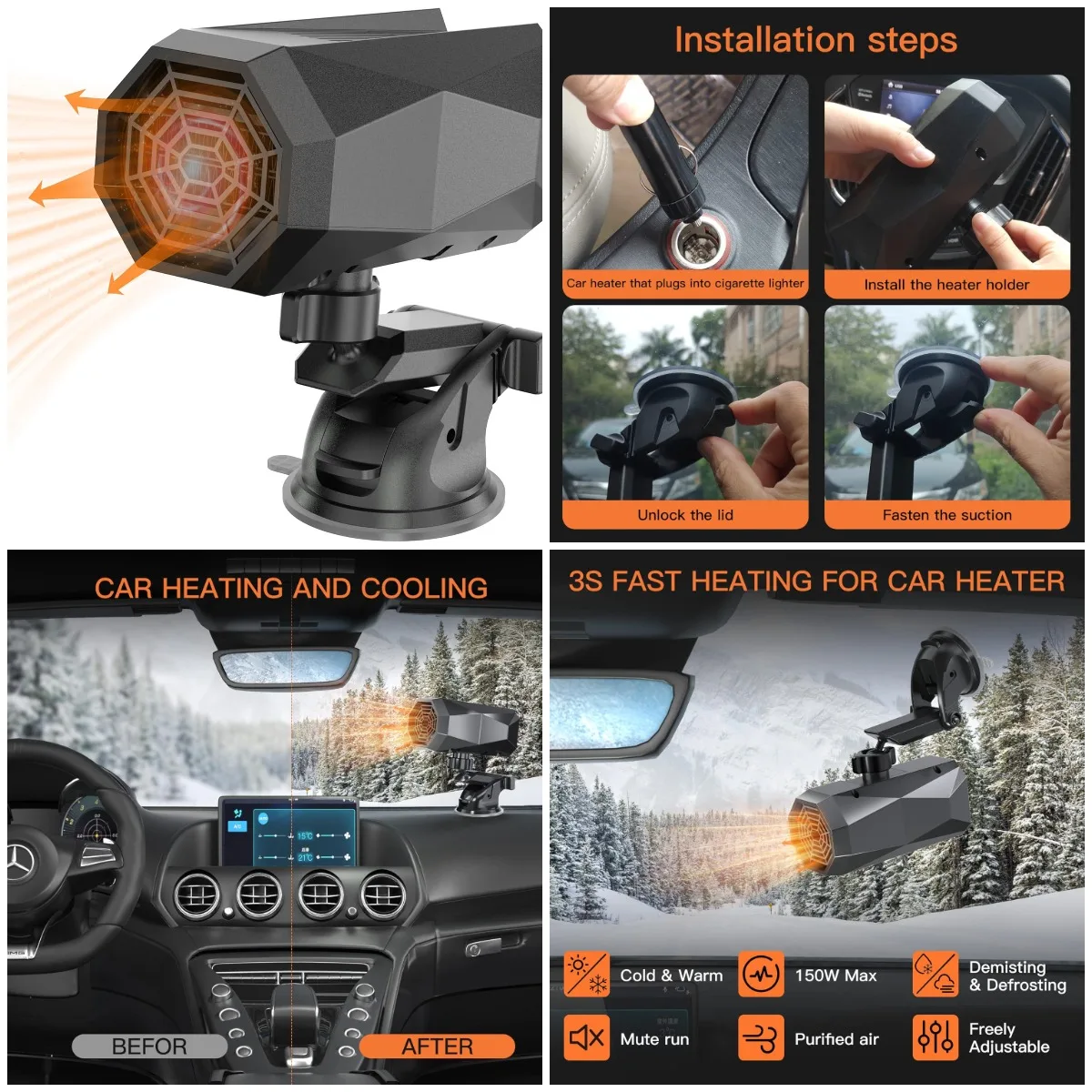 

12V 150W Car Heater, 360° Rotatable with Suction Holder, Portable Windshield Defogger & Defroster