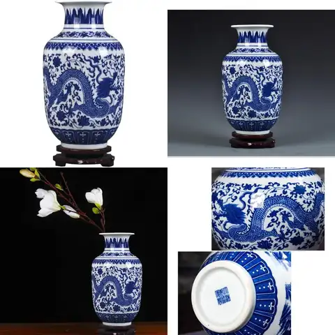 Handcrafted Large Jingdezhen Blue & White Porcelain Flower Vase, Chinese Dragon Asian Decorative Art Vase