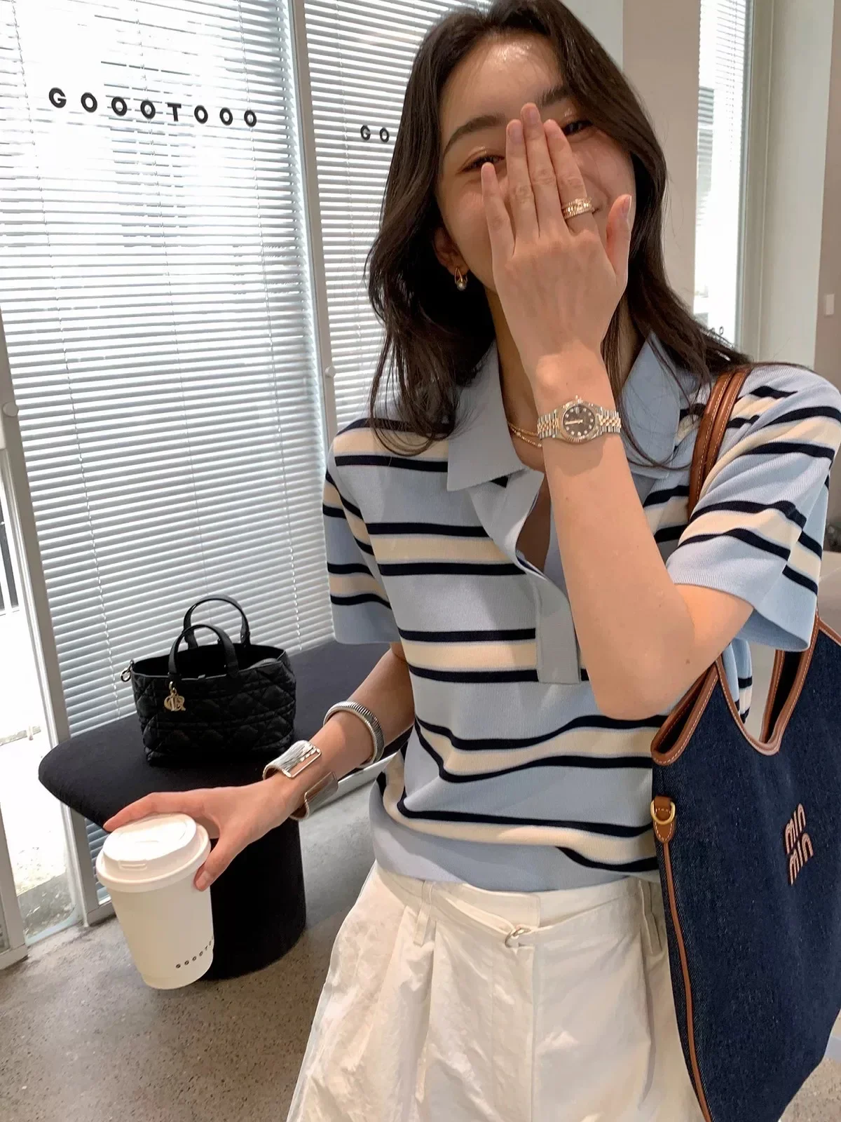 2025 Classic POLO collar Design Pure Lyocell Pullover Women's knitted Short sleeves Sweater High-quality Multi-color Stripes Top
