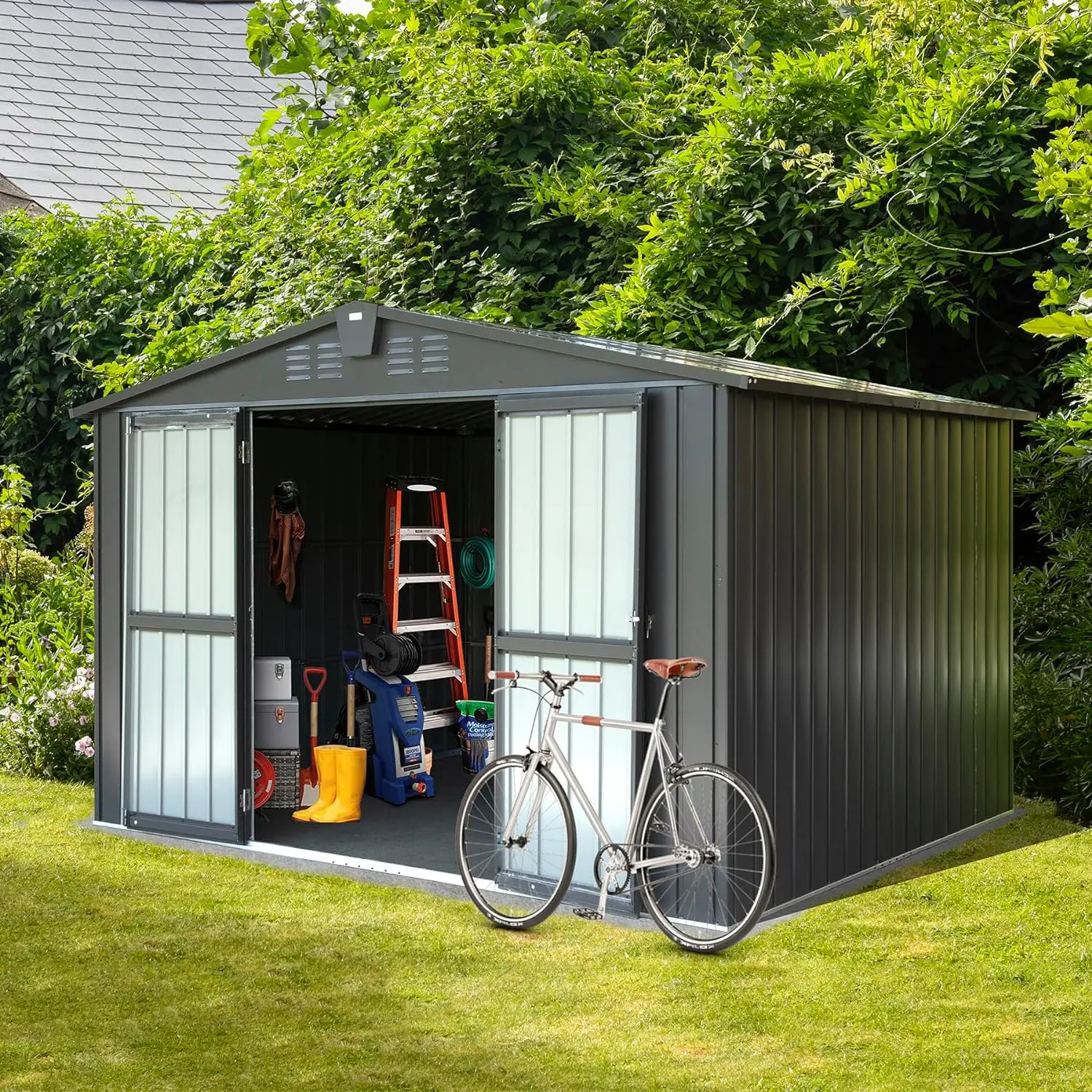 

Outdoor Storage Shed 10'x8',Metal Sheds Outdoor Storage with Lockable Doors & Air Vents for Patio Garden Lawn Backyard,Dark Gray