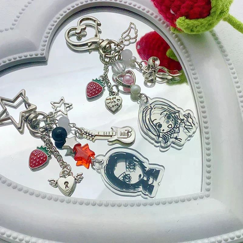 Y2k Keychains Bag Gifts Nana Hachi Cartoon Strawberry Bass Beaded Keyring Girly Fashion Key Ring Pendant Camera Charms