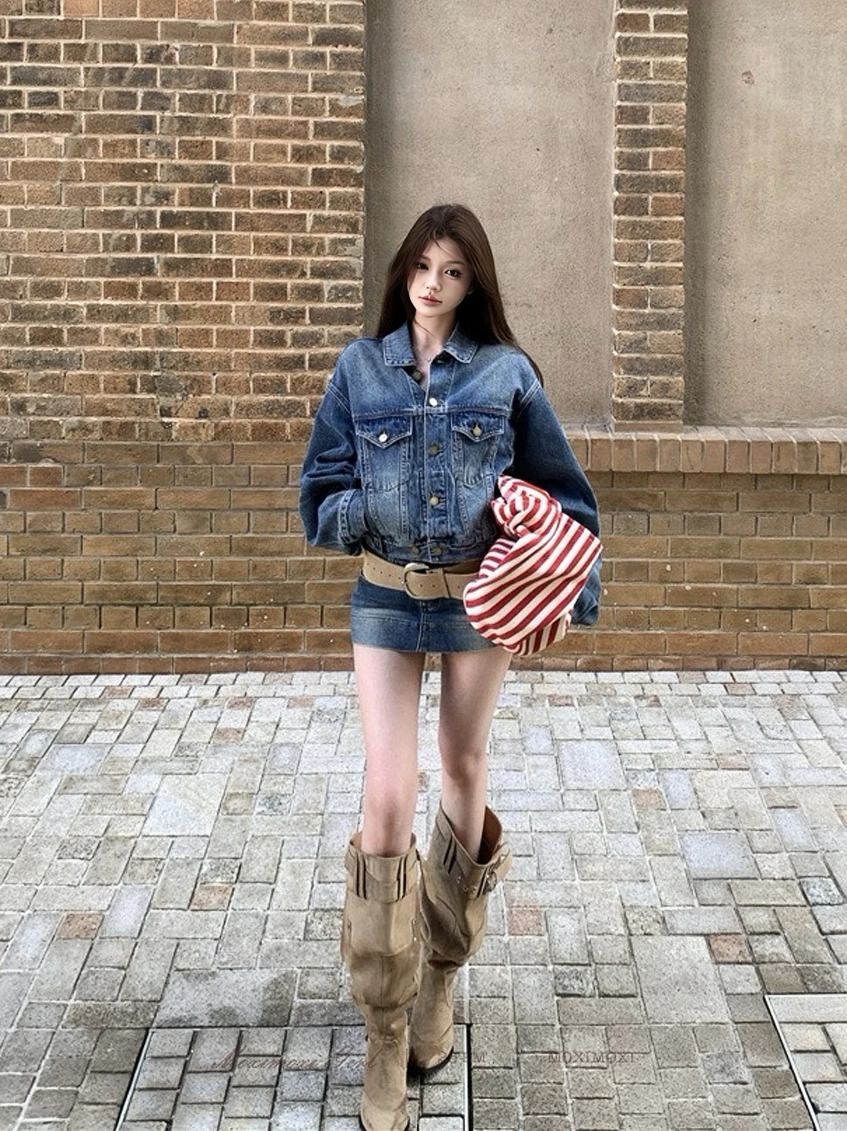 

Комплект MOXI: джинсовая куртка и облегающая юбка из хлопка с эффектом потертости, окрашенные в синих тонах, женская мода Зима 2025