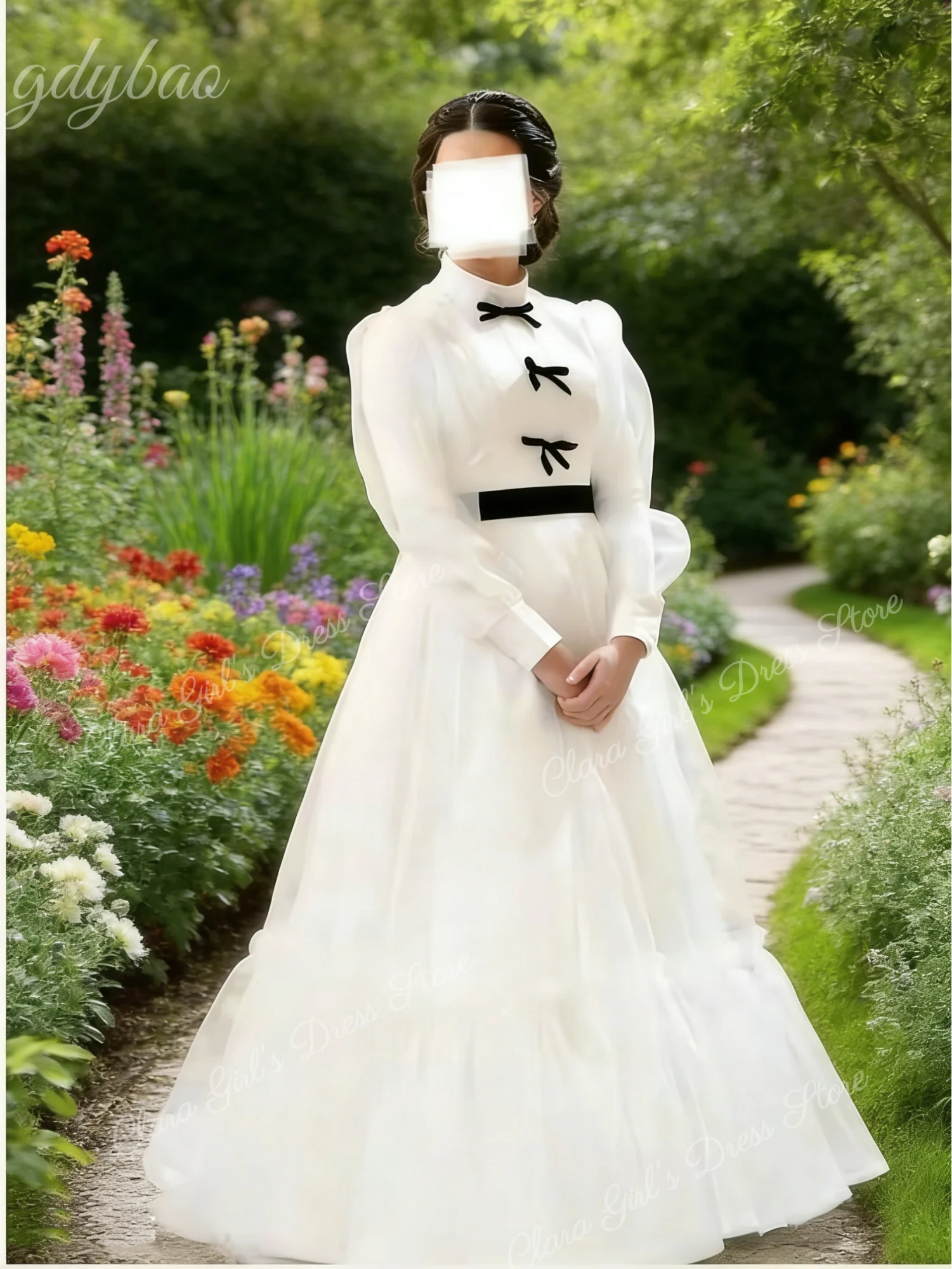 فستان أبيض أنيق عالي الجودة على شكل حرف A مع مزين بفيونكة وحزام خصر أسود لحفلات الزفاف وأعياد الميلاد للأطفال