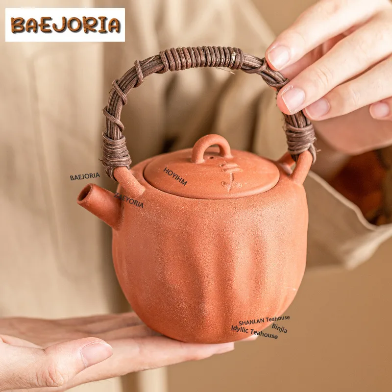 BAEJORIA 190ml Handmade Red Pottery Clay Teapot Boutique Bamboo Woven Loop-handle Pot Chinese Tea Soaking Kettle Kung Fu Teaware