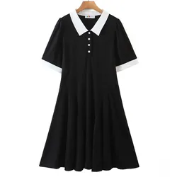 Good Quality Plus Size Dresses Women Clothing Polo Collar Puff Sleeve Fishtail Hem Black One-Piece Curve Summer 2023