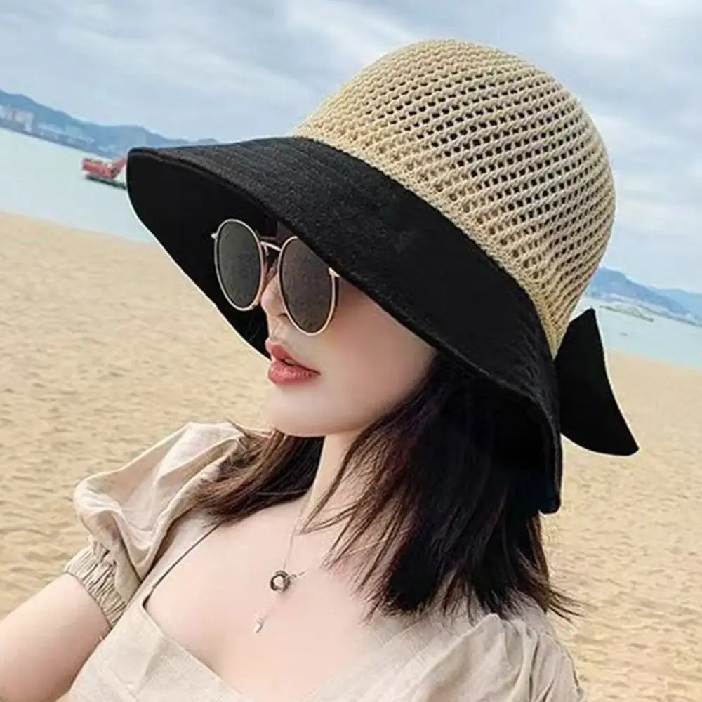 Summer Women Bucket Hat UV Protection Sun Hats Soft Foldable Wide Brim Outdoor Beach Hat Panama Cap Ponytail Cap