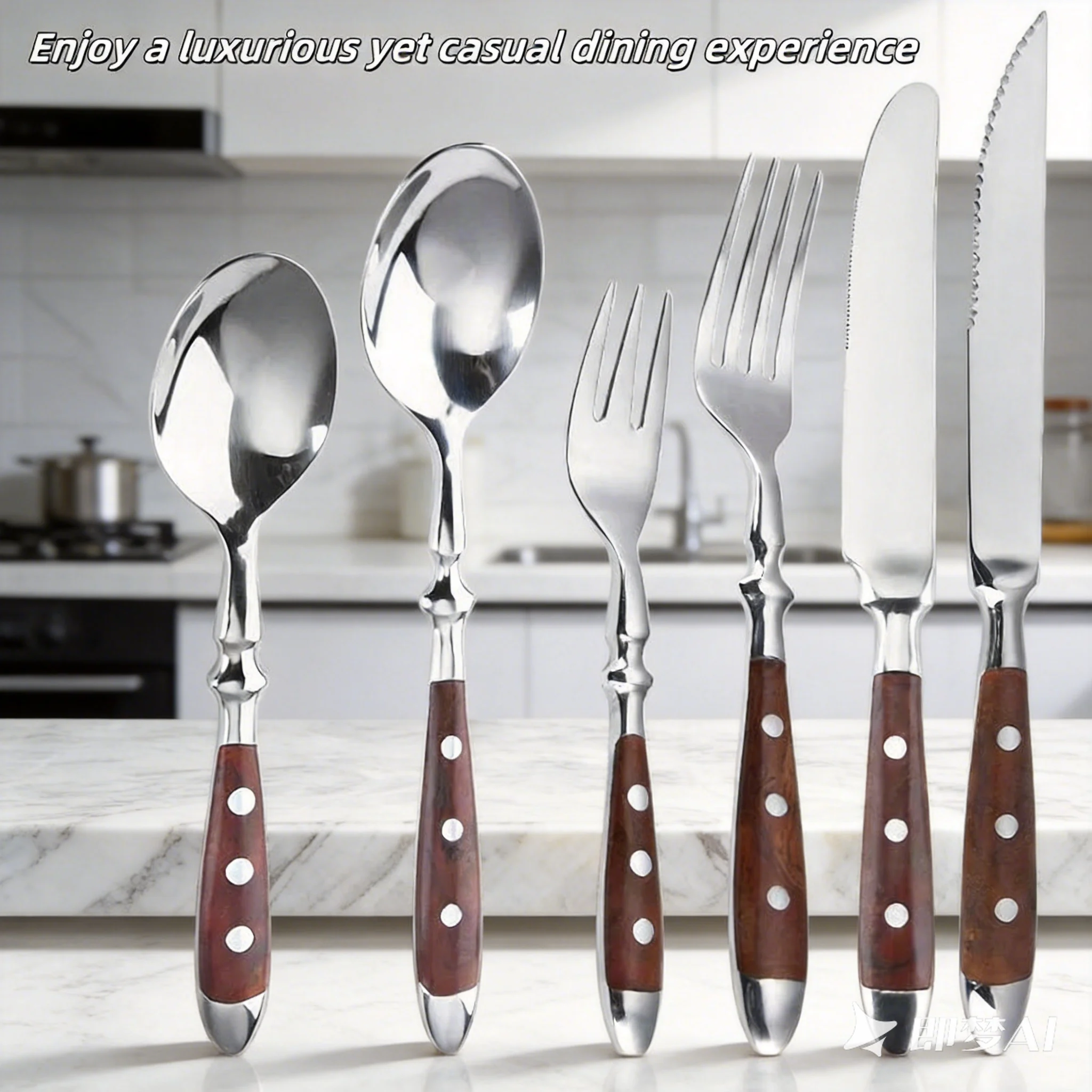 Juego de cuchillos de cocina de 6 piezas con mango de acero inoxidable, adecuado para la cocina y el comedor del hogar, incluye cuchillo para carne, tenedores y cucharas.