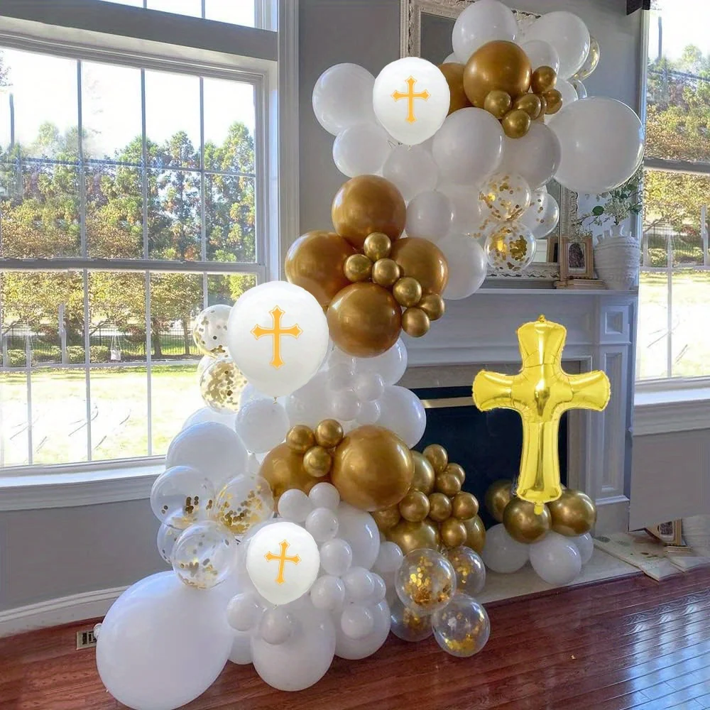 135pcs God Bless Gold Cross Foil Balloon Party Decorations, Outdoor Decorations, Baptism Decorations, Church Prayer Decorations