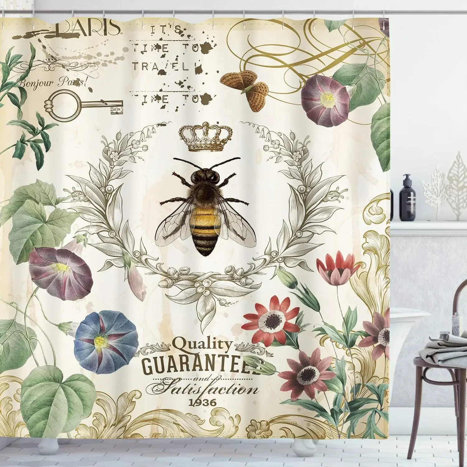 Vintage Bee Shower Curtain Blooming Wild Floral Country French Garden Queen