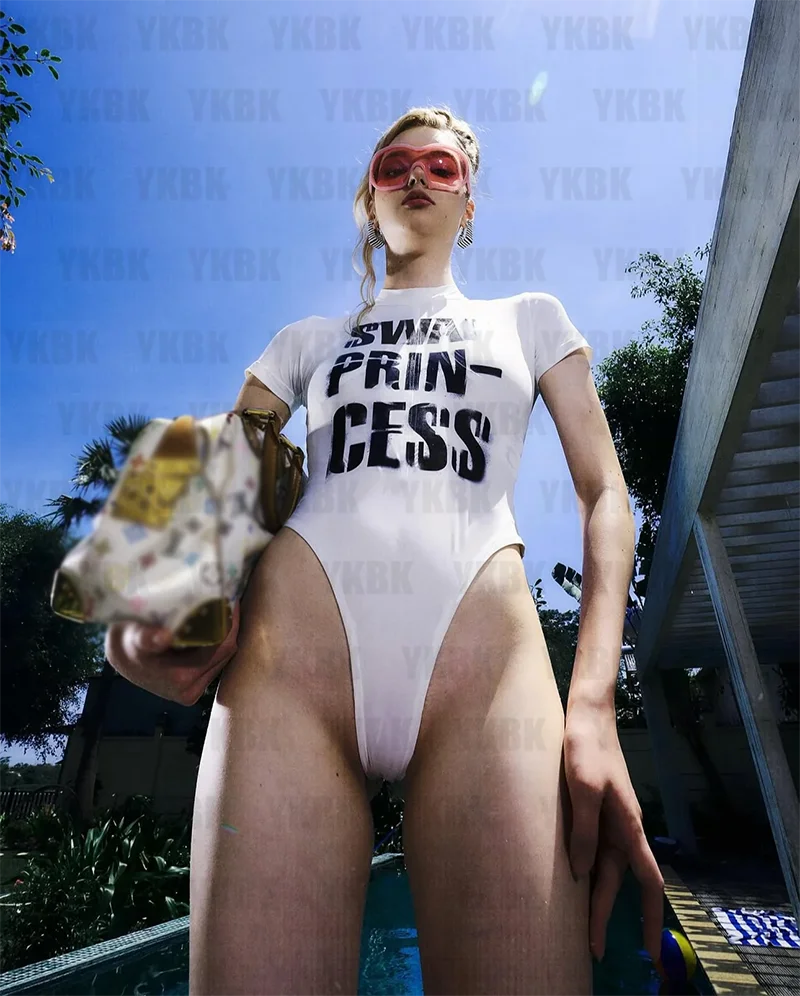 

Vintage Letter Printing Bodysuit Top Jumpsuit Women's Bodycon Summer White Slim Y2k Clothing Mid Neck Short Sleeved Jumpsuit