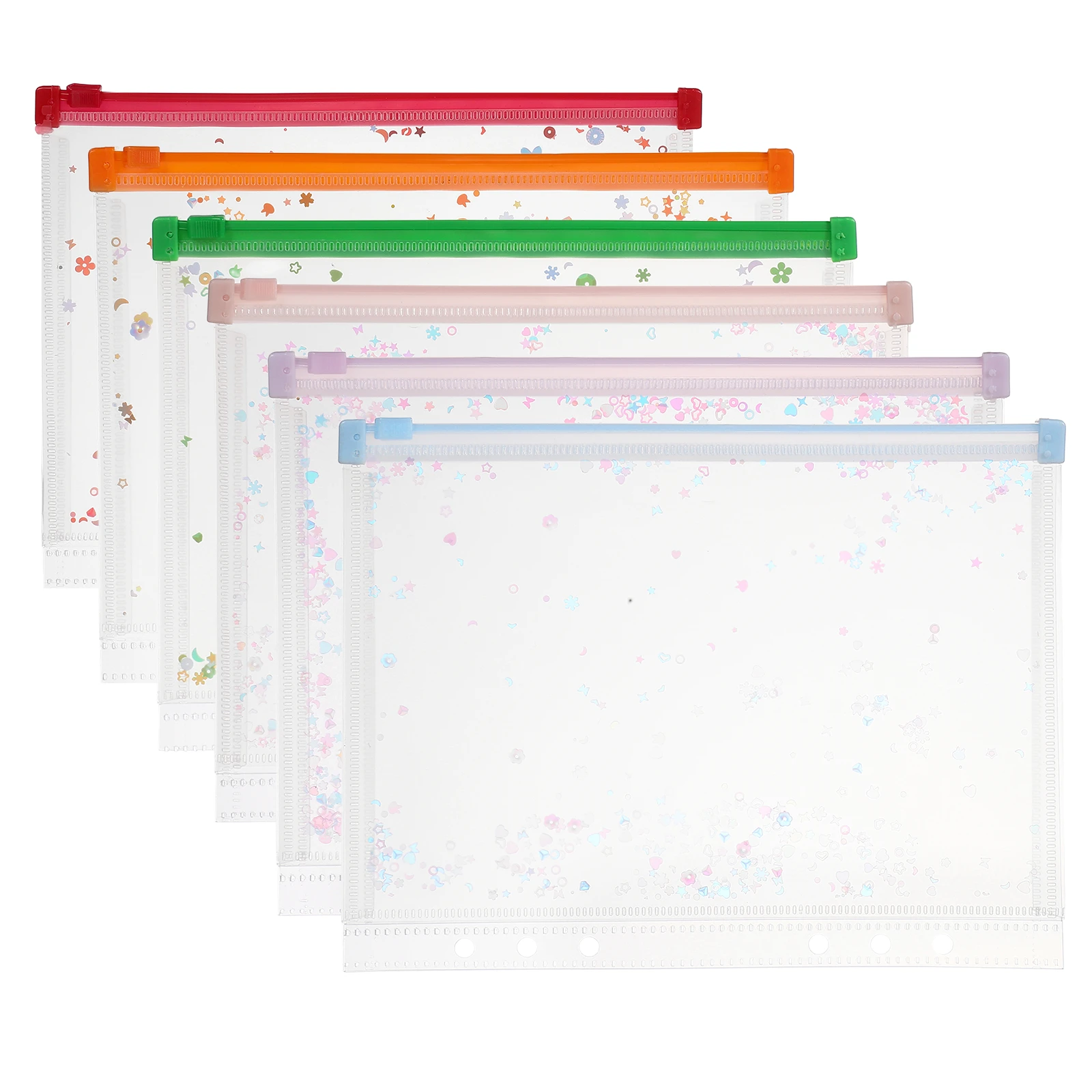 

6Pcs A5 Plastic Binder Zipper Binder Pockets 9 x 7" Clear Envelope Folders Planner Waterproof Pouch Filing with Sequin Decor