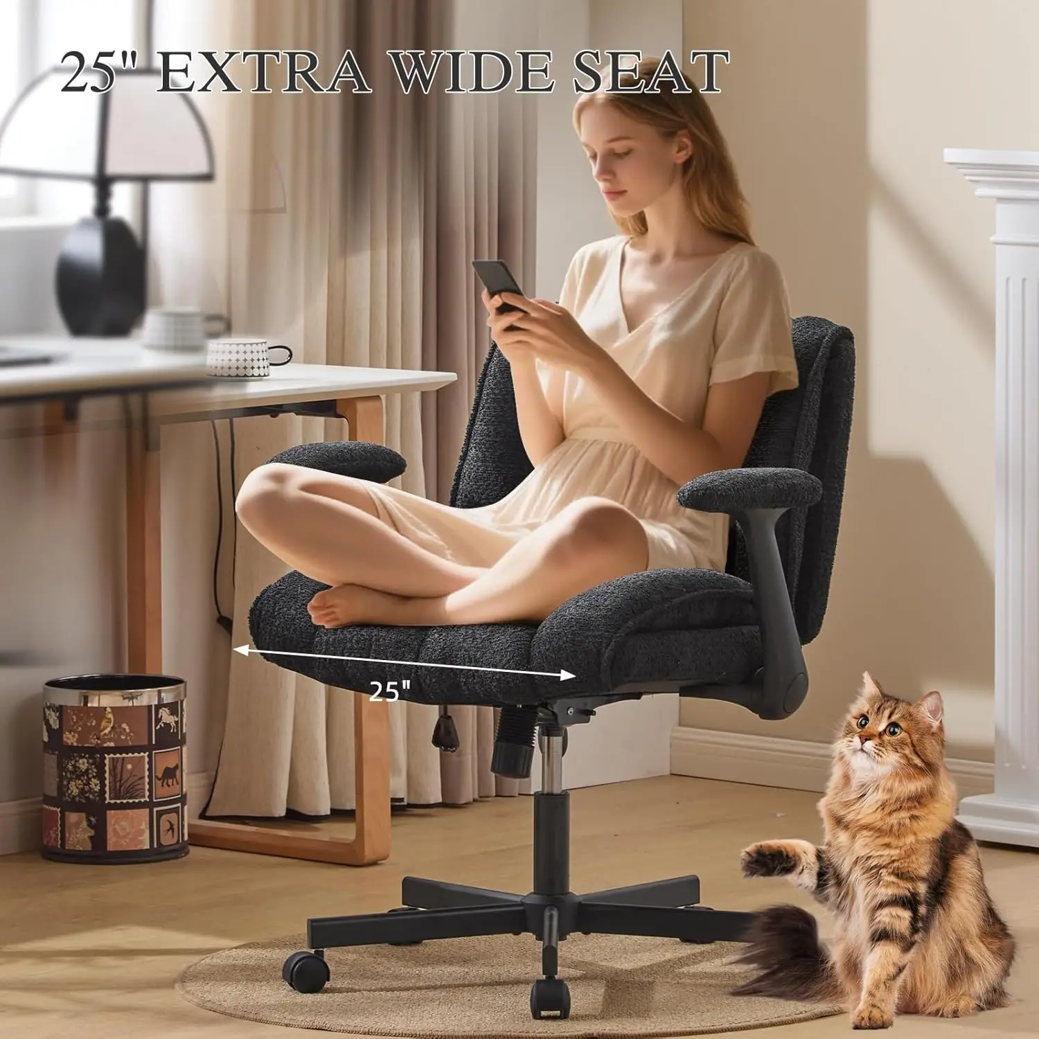 Criss Cross Bürostuhl mit hochklappbaren Armlehnen, schwarzer Schreibtischstuhl mit Lordosenstütze und Rollen für Heimbüro, Wohnung, Waschtisch