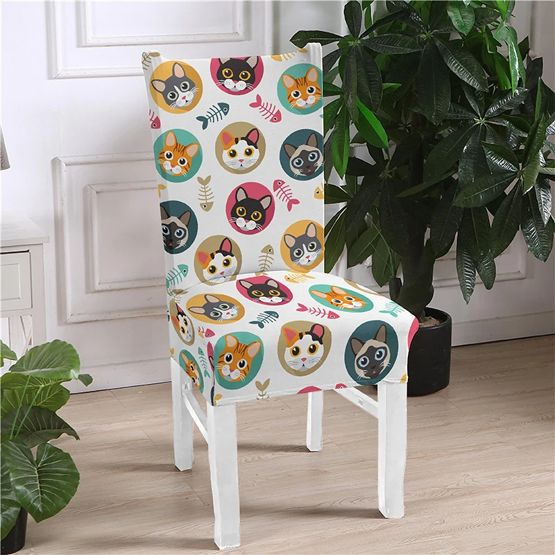 Cat Printed Chair Cover Spandex For Dining Room Elastic Material Modern Slipcovers Furniture Covers Kitchen Wedding Banquet