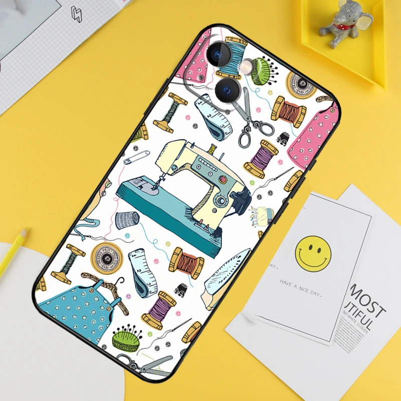Sewing Machine Scissors Buttons Phone Case For iPhone 16 Pro 15 Pro 12 13 Mini 11 14 Pro Max XR 16 15 Plus 16e Cover Coque