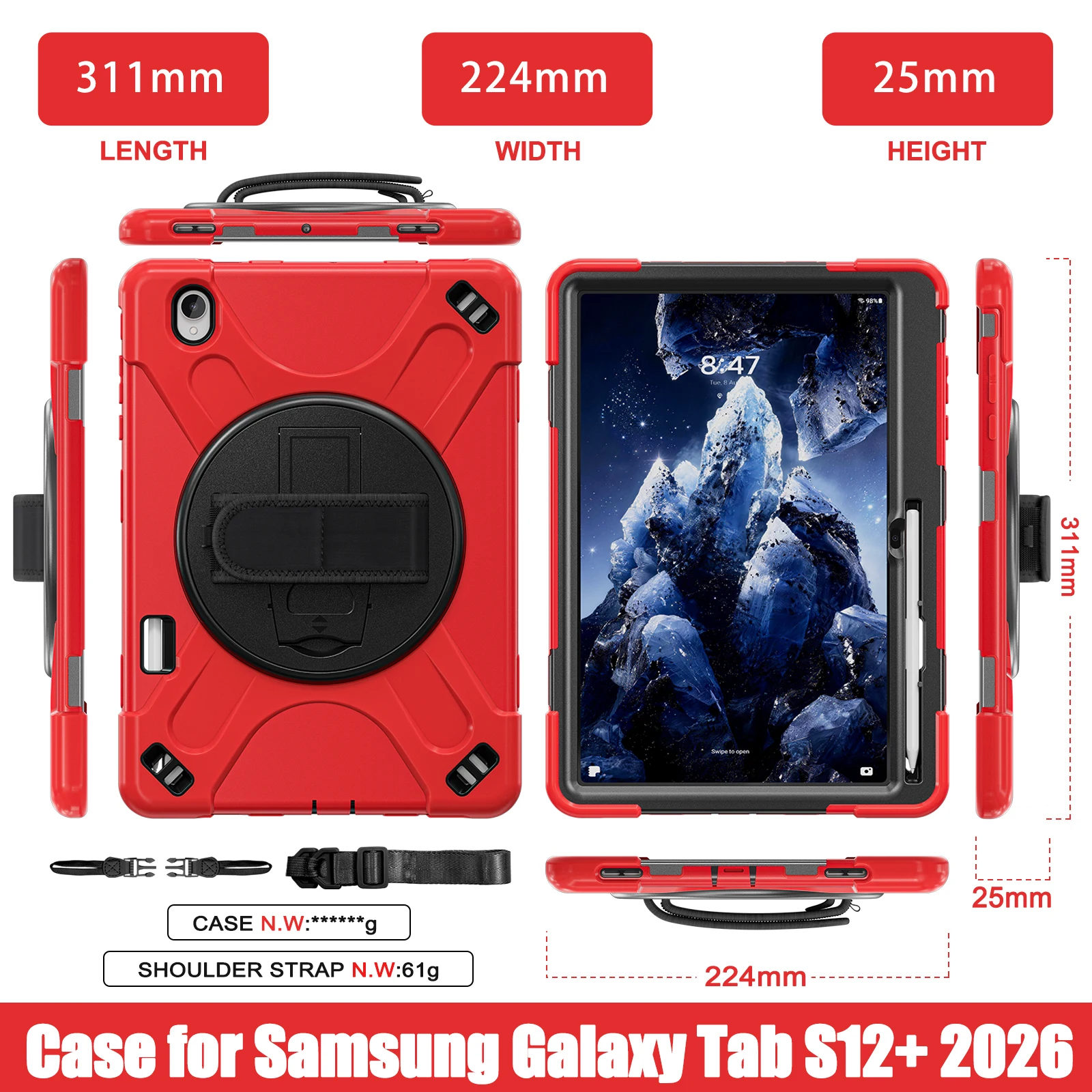 360 degree rotate stand case for Samsung Galaxy Tab S12 Plus 12.4 inch 2026 SM-X840 SM‑X846N SM‑X846B With Shoulder Straps