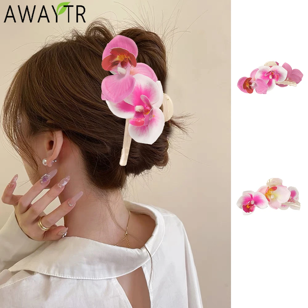 AWAYTR Pink Orchid Hair Claws Farbic Pearl Hair Clips Crab For Women Girl Gift Hair Accessories Valentine Headwear