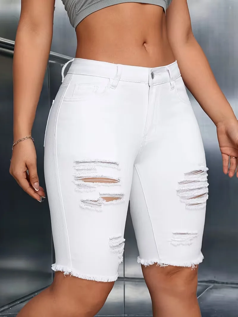 Shorts Female Jeans Women Jeans Shorts Summer Ripped High Street Slimming Distressed Hem Three Quarter Denim Bottoms