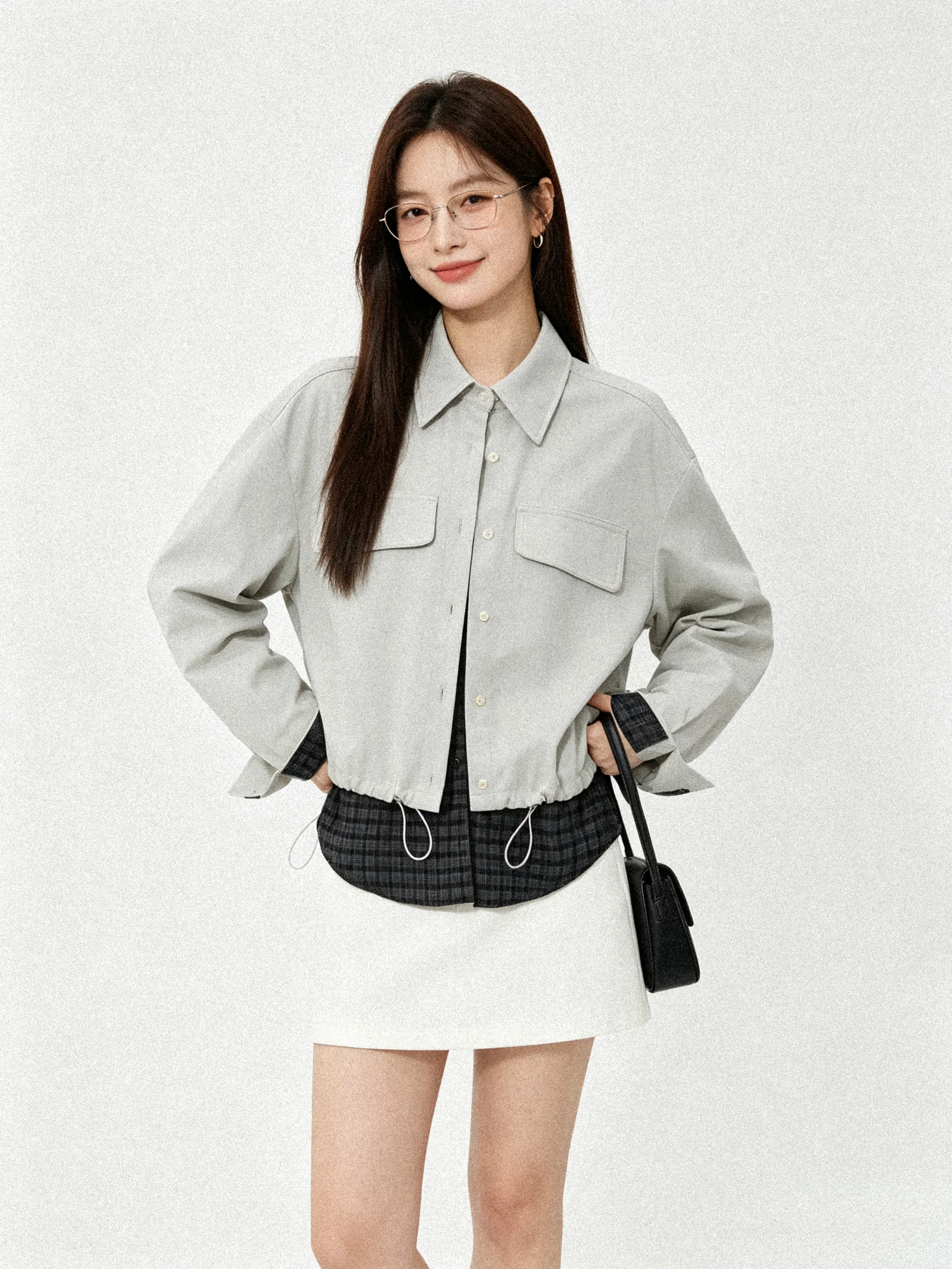 Korean Style Loose Fit Commute Shirt Jacket with Drawstring Design Fake Two-Piece Workwear Long Sleeve Women's Casual Shirt