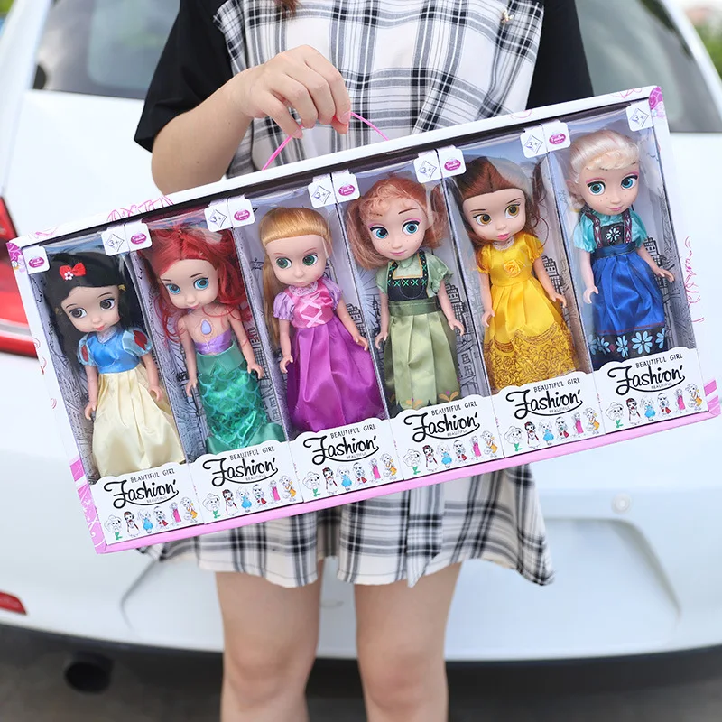 Disney Princess 6pcs/Set Anna Elsa Rapunzel Snow White Belle Salon Doll Girl Play House Toy Birthday Gift Bedroom Decoration