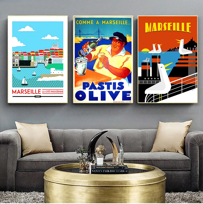 Pinturas en lienzo de viaje de oliva, Marsella de Francia, Anis, imágenes Vintage, carteles de papel Kraft, pegatinas de pared recubiertas, regalo de decoración del hogar