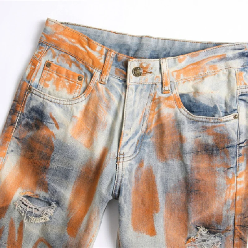 Retro Nostalgic Jeans Men's Ripped Slim Fit Straight Leg Stretch Washed Old and Dirty Fashionable Vintage Trousers