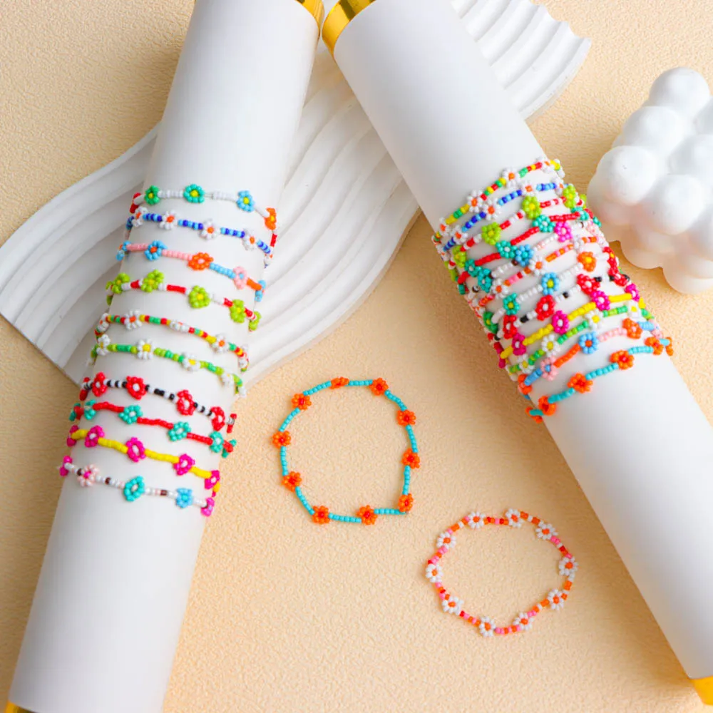 12 قطعة/الوحدة بسيطة زهرة متعدد الألوان مطاطا الدخن الخرز أساور للنساء حسن الحظ حفلة عيد ميلاد مجوهرات هدايا الصداقة #2