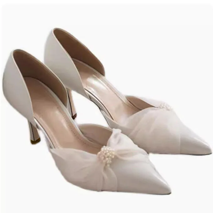 Beige White Pearl Strapped Mesh Bowtie Wedding Pumps Side Cutout Pointed Toe 5/ 7 cm High Heels Fashion Women Shoes