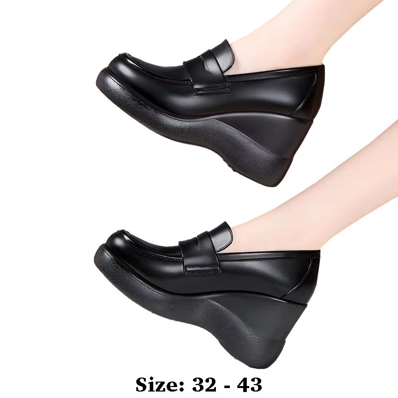 

high quality leather wedge shoe for women 9cm high heel platform point toe 32 33 34 elegant and office autumn winter shoe black
