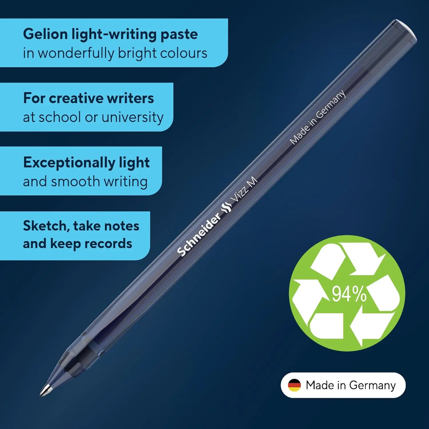 Schneider Vizz M (Medium) Ballpoint Pen, 1.0 mm, Transparent Barrel, Assorted Ink Colors, Pack of 10 Pens (102290)