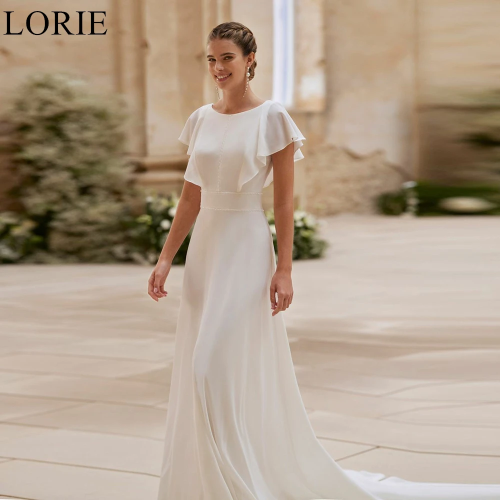 

LORIE Ivory Simple Wedding Dresses O-Neck Cap Sleeves A-Line Backless Ruffles Pleated Bride Wedding Prom Gown 2024 Bridal Gowns