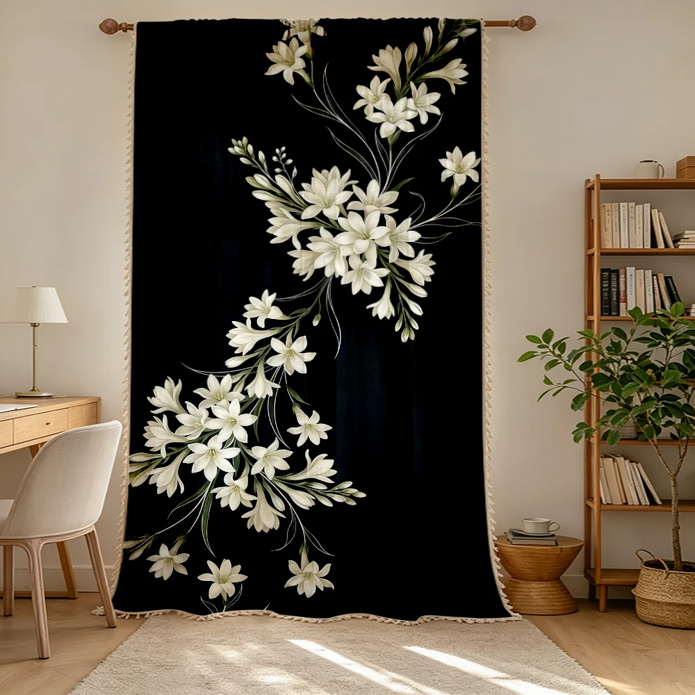 1PC Floral Tassel Sheer Curtains, Black White Lily, Digital Print, Polyester, Bedroom Living Room, Rod Pocket, Home Decor