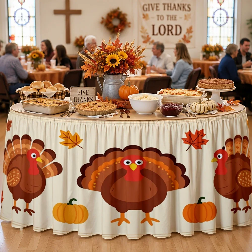 One rectangular turkey tablecloth, suitable for decorating during the Thanksgiving dinner, representing the autumn harvest.