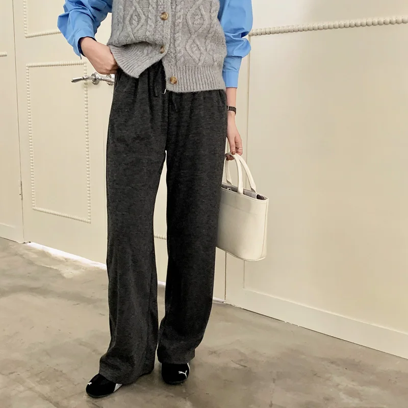 ارتفاع الخصر واسعة الساق سراويل تقليدية المرأة 2025 الكورية Sle الخريف الشتاء فضفاض مستقيم ثنى كسول الطابق طول Spor #1