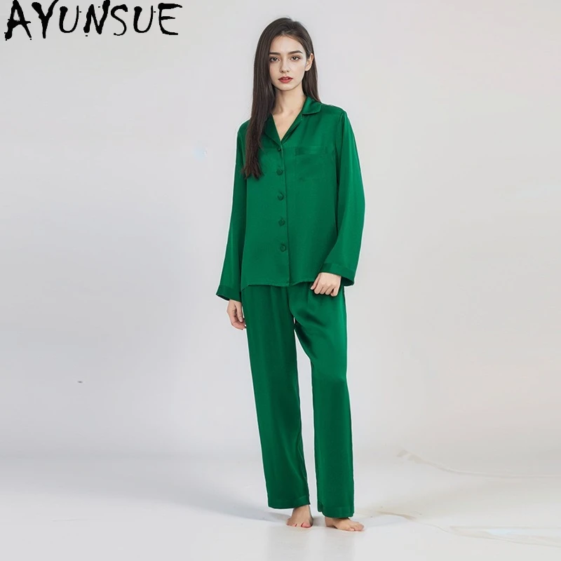 AYUNSUE 100% Natural Mulberry Silk Sleepwear Summer Woman Clothes 16MM Real Silk Pajama Set Long Sleeve Top Women Casual Pants